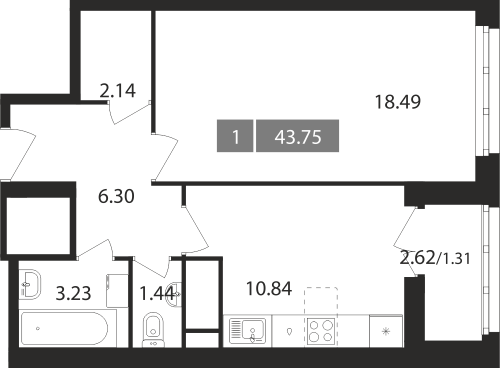 1-комнатная, квартира, 43.75 м²