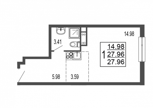 Студия, 28.6 м²