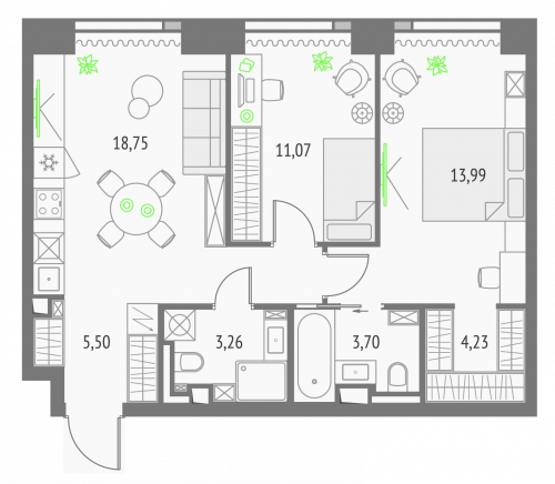 2-комнатная, квартира, 64.3 м²