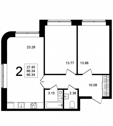 2-комнатная, квартира, 66.34 м²
