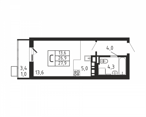 Студия, 27.9 м²
