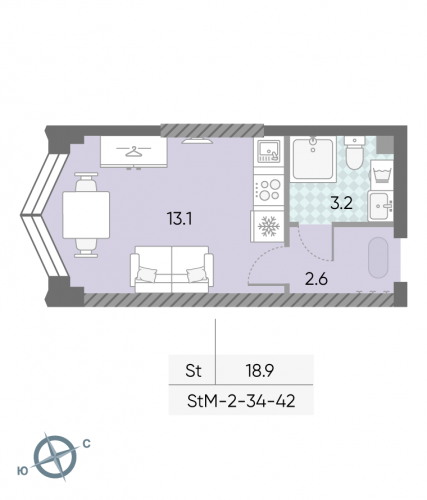 Студия, 18.9 м²