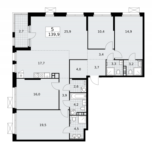Многокомнатная, 139.9 м²