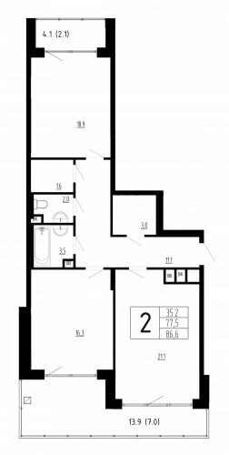 2-комнатная, квартира, 86.6 м²
