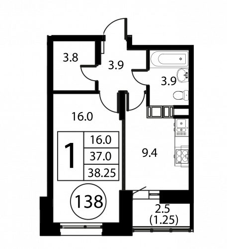 1-комнатная, квартира, 38.25 м²
