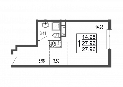 Студия, 28.6 м²
