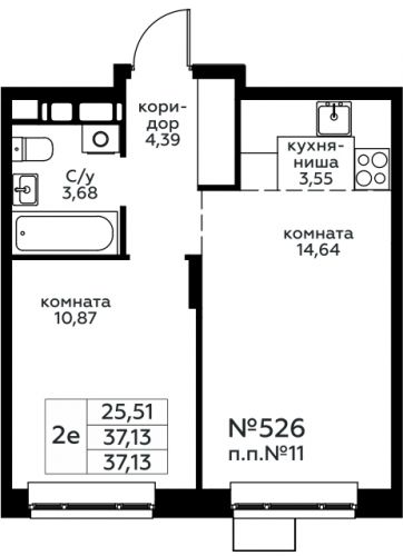 2-комнатная, 37.13 м²