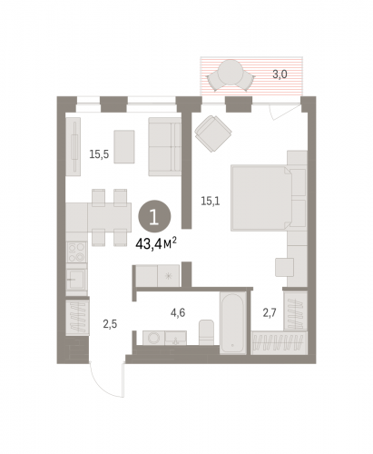 1-комнатная, 43.37 м²
