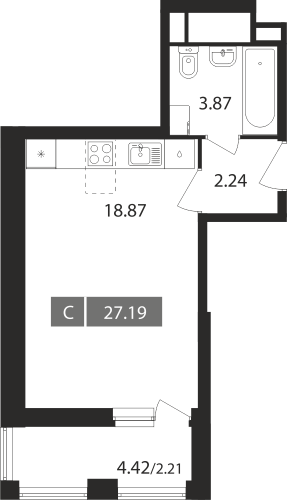 Студия, 27.19 м²