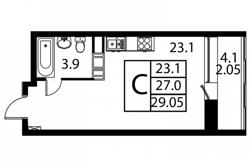 Студия, 29.05 м²