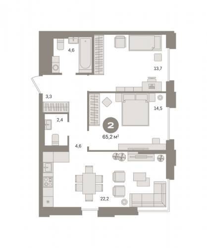 2-комнатная, квартира, 65.16 м²