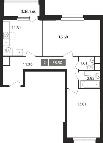 2-комнатная, квартира, 58.5 м²