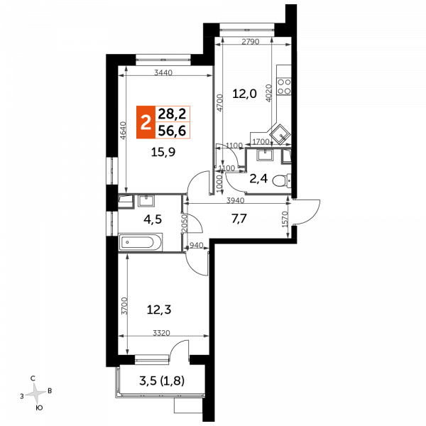 2 комнаты до 56.6