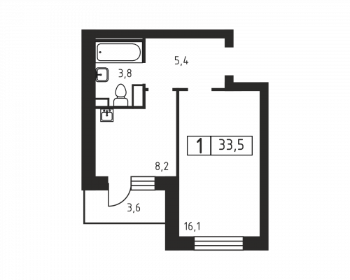 1-комнатная, 33.5 м²