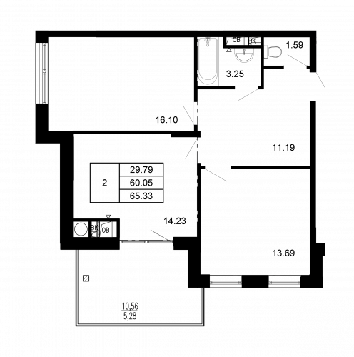2-комнатная, квартира, 65.33 м²