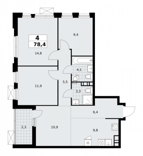 Многокомнатная, 78.4 м²