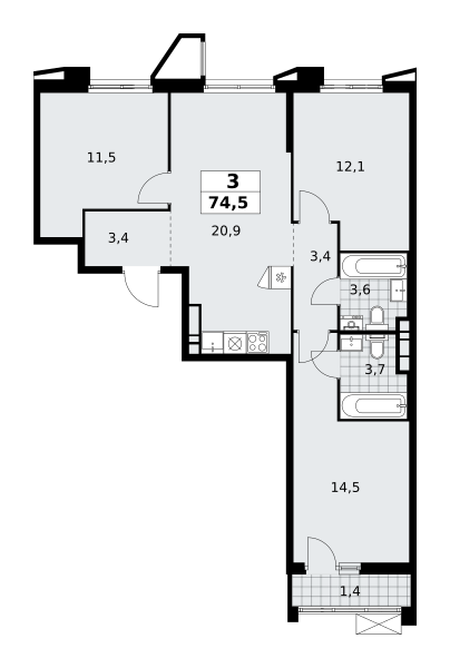 3-комнатная квартира №58К-7.1.2-232, 74,5 м² за 20,52 млн руб. в ЖК «Прокшино» - планировка