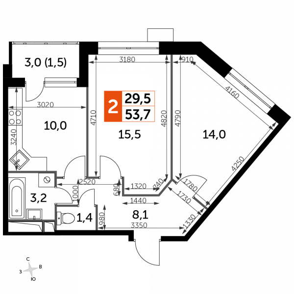 2 комнаты до 53.7