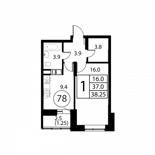 1-комнатная, квартира, 38.25 м²