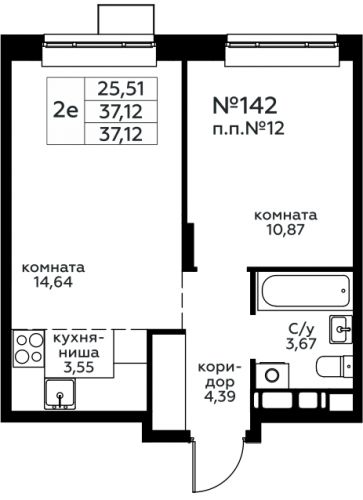 2-комнатная, 37.12 м²