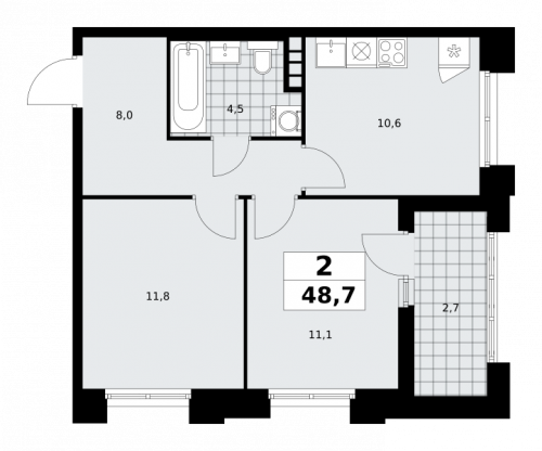 2-комнатная, 48.7 м²