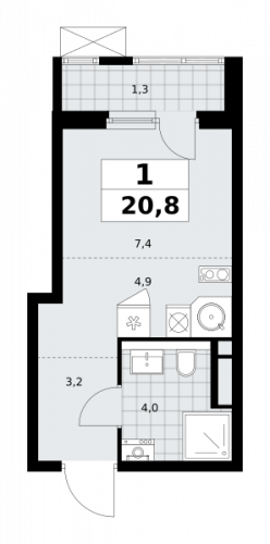 1-комнатная, 20.8 м²