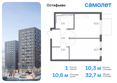 1-комнатная, 32.67 м²