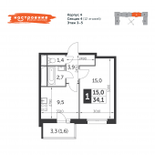 1-комнатная квартира 34,1 м²