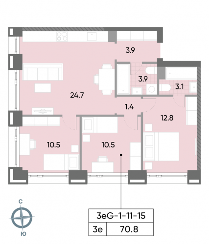 3-комнатная, квартира, 70.8 м²