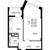 1-комнатная квартира 45.72 м²
