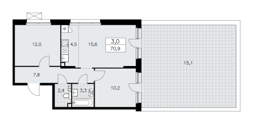 3-комнатная, 70.9 м²