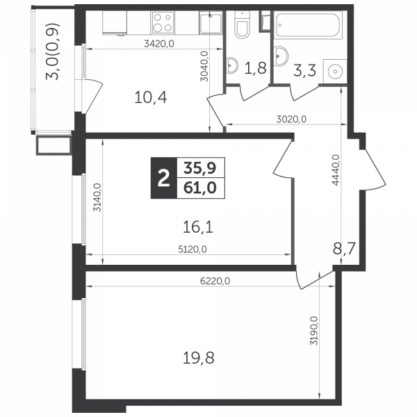 2 комнаты до 60.6