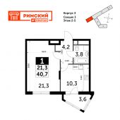 1-комнатная квартира 40,7 м²