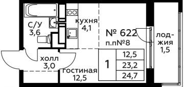 1-комнатная квартира 24,7 м²