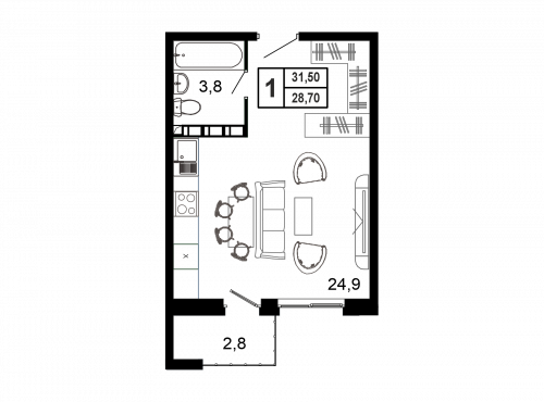 Студия, 34.3 м²
