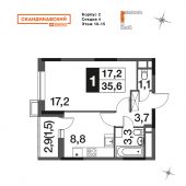 1-комнатная квартира 35,2 м²