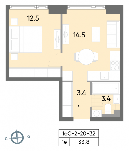 1-комнатная, квартира, 33.8 м²