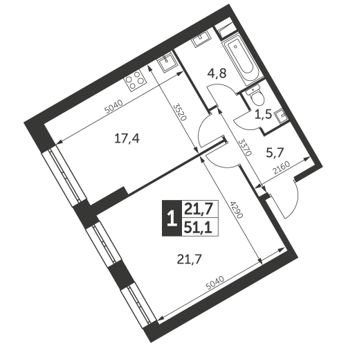 1-комнатная, квартира, 51.1 м²
