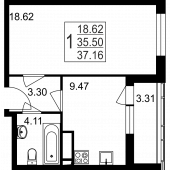 1-комнатная квартира 37,16 м²