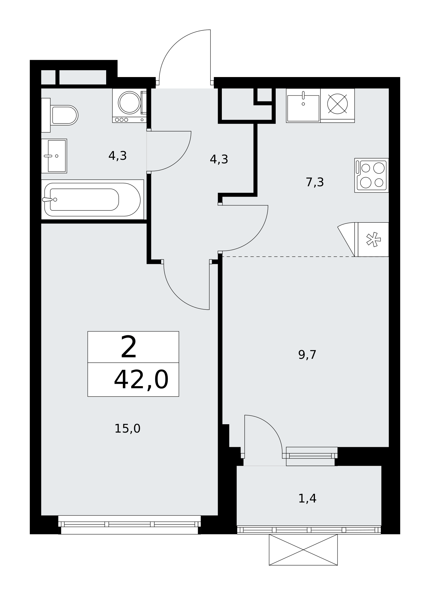 2-комнатная квартира №58К-11.2.2-406, 42,0 м² за 13,50 млн руб. в ЖК «Прокшино» - планировка