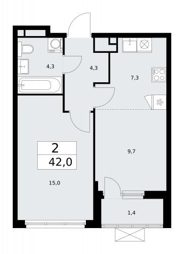 2-комнатная, 42 м²