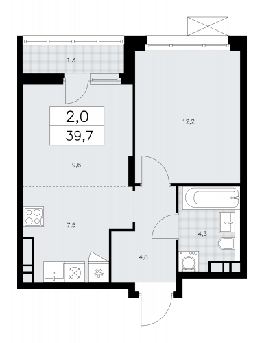 2-комнатная, 39.7 м²