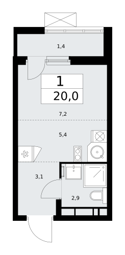 1-комнатная, 20 м²