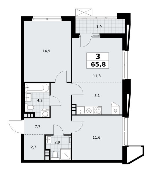 3-комнатная квартира №58К-7.1.1-63, 65,8 м² за 16,92 млн руб. в ЖК «Прокшино» - планировка