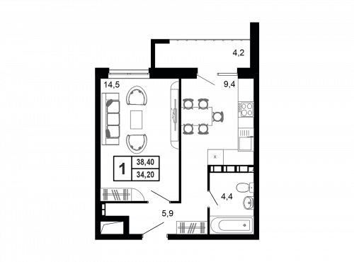1-комнатная, квартира, 36.7 м²