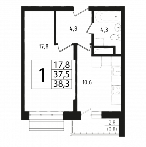 1-комнатная, квартира, 37.4 м²