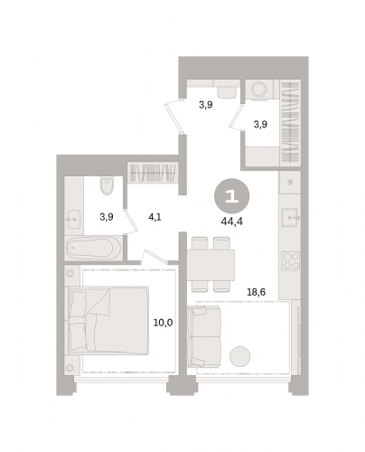 1-комнатная, квартира, 44.4 м²