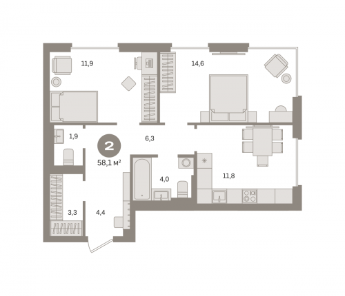 2-комнатная, квартира, 58.14 м²