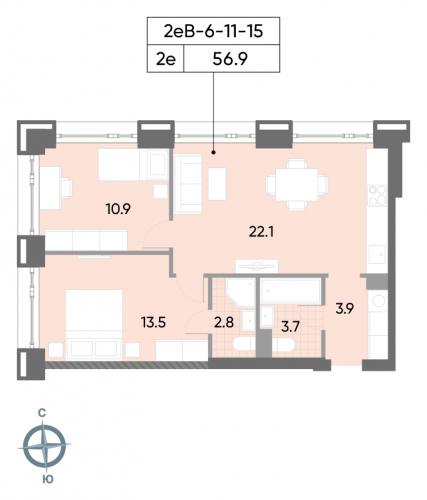 2-комнатная, квартира, 56.9 м²
