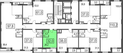 1-комнатная квартира 32 м²